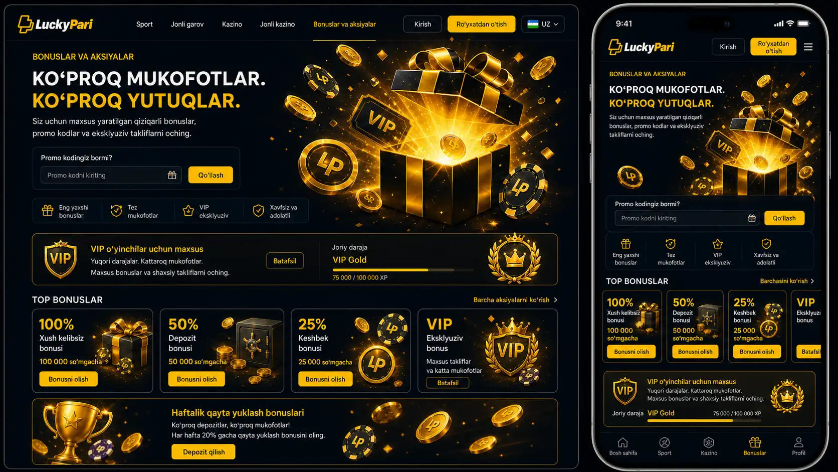 Bonuslar Luckypari Uzbekistan va promokodlar